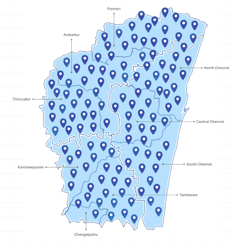 Chennai districts map — serving Ponneri, Ambattur, Thiruvallur, North/Central/South Chennai, Tambaram, Kancheepuram, Chengalpattu